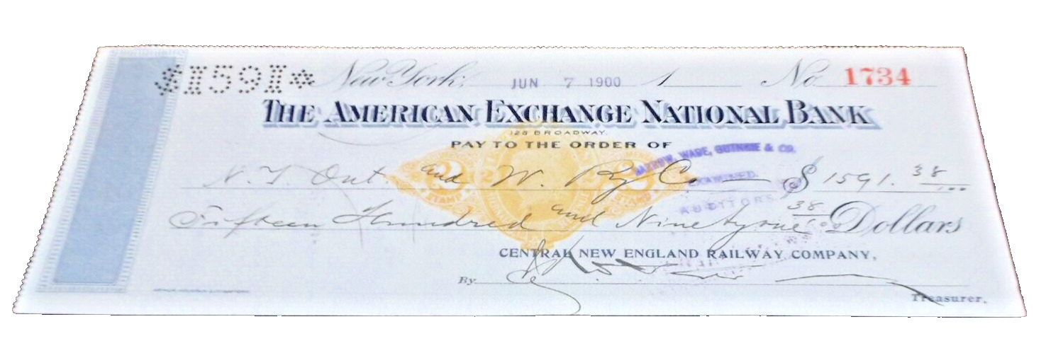 JUNE 1900 CENTRAL NEW ENGLAND RAILWAY NEW HAVEN COMPANY CHECK #1734 TO NYO&W