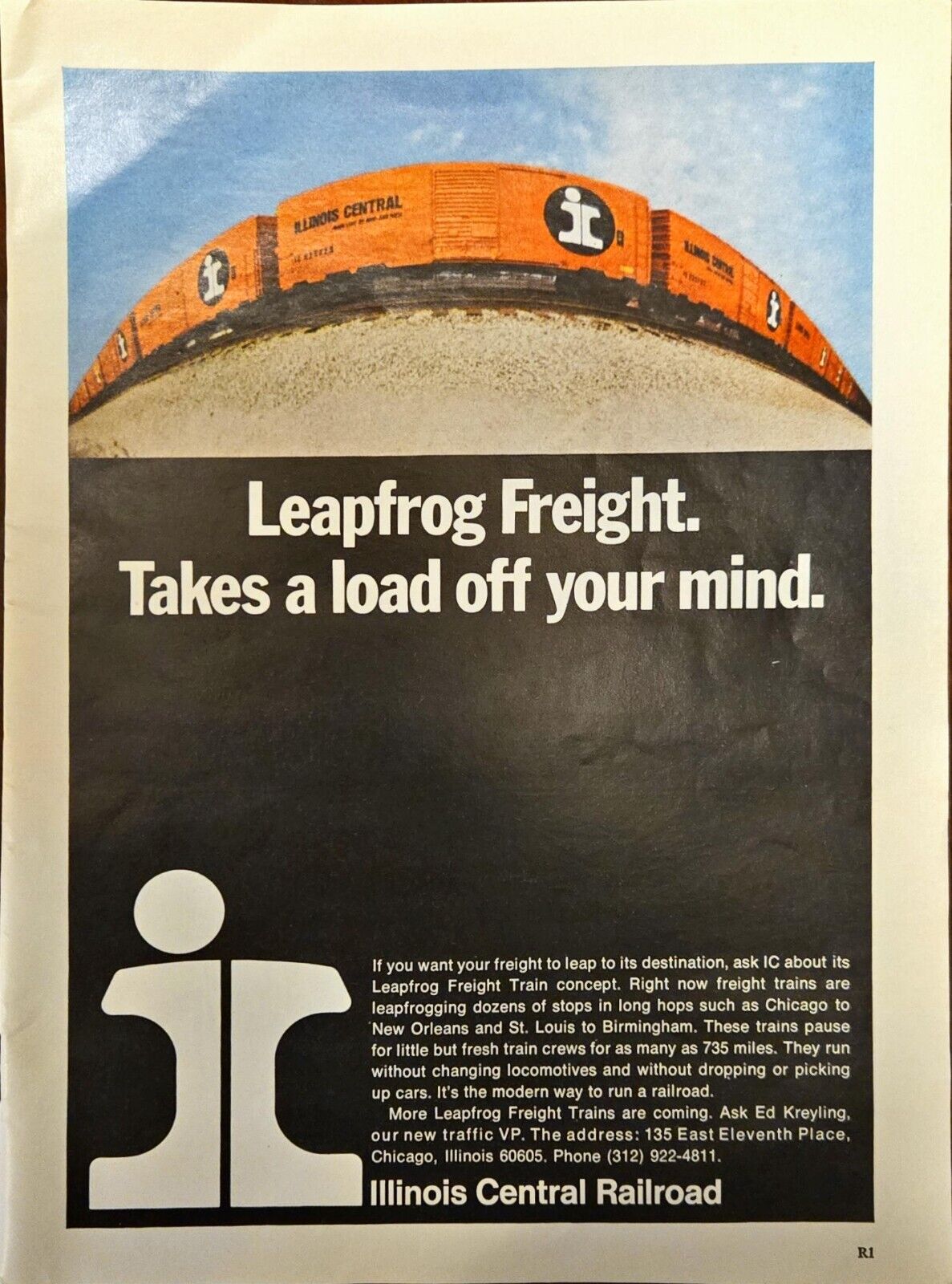Illinois Central Railroad Leapfrog Freight Train Concept 1969 Vintage Print Ad