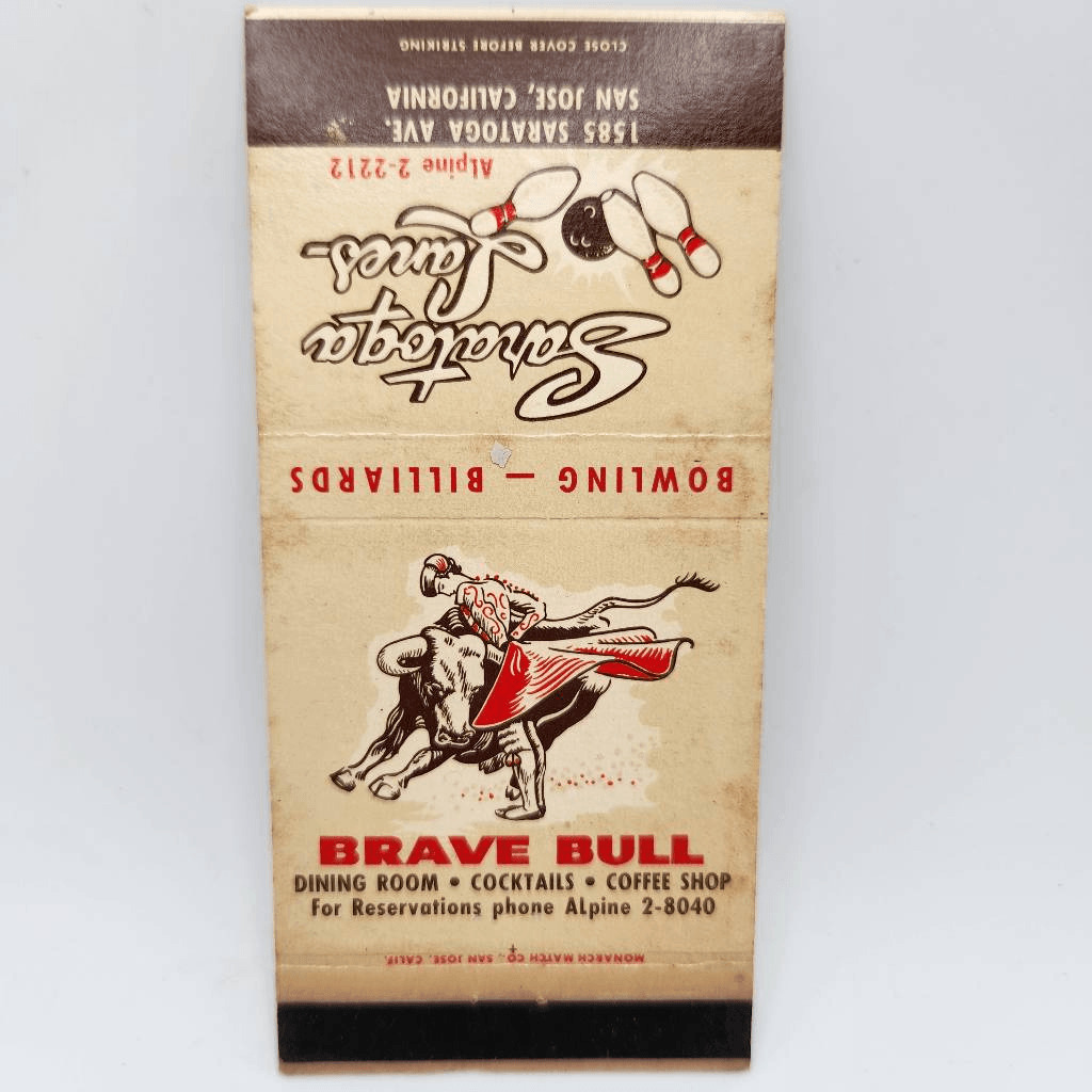 Vintage Matchcover Saratoga Lanes San Jose California Brave Bull