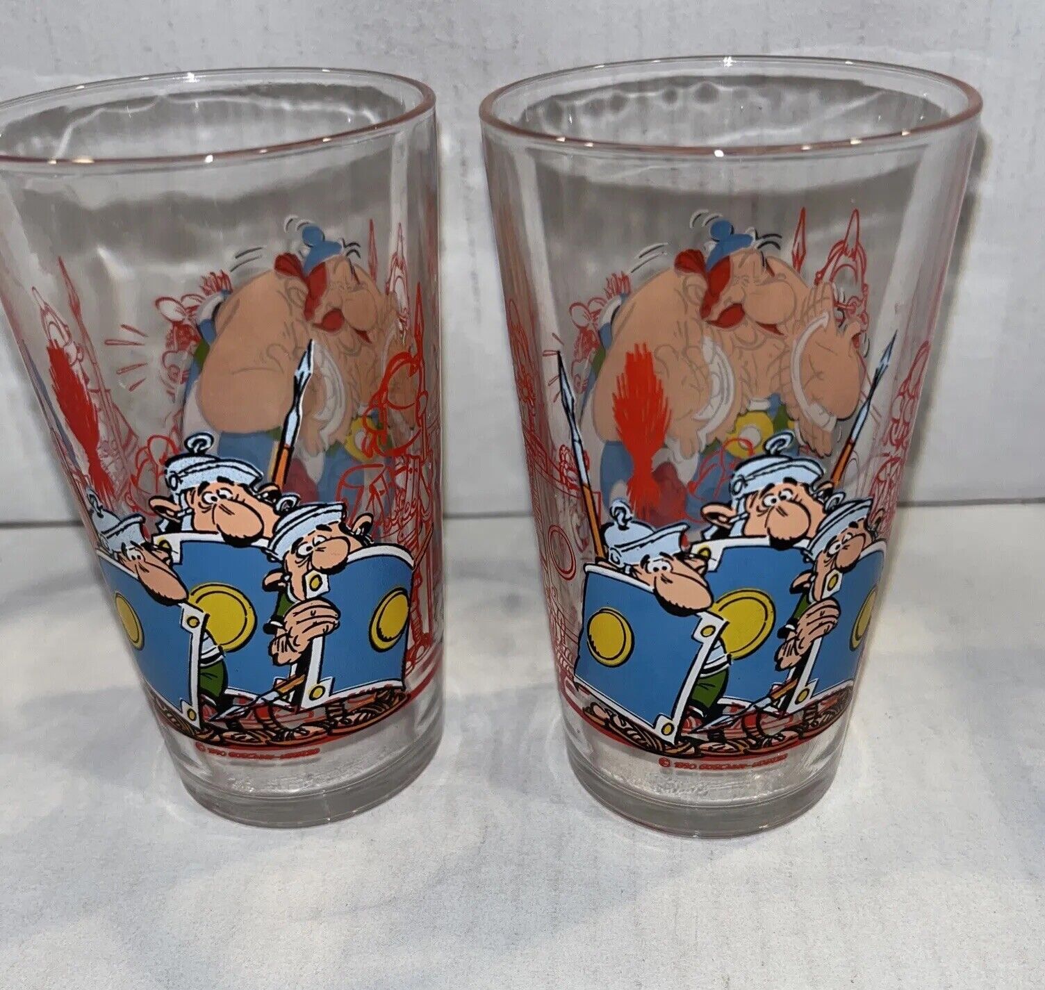 Asterix Obelix Idefix and soldiers Glasses 1990 FRANCE Set Of 2