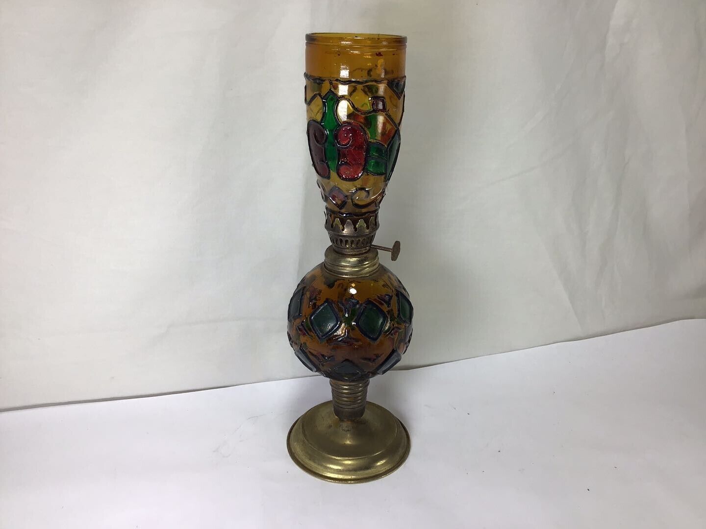 OO54 Vintage Miniature Oil / Perfume Lamp AMBER STAINED GLASS & BRASS BASE -Mini