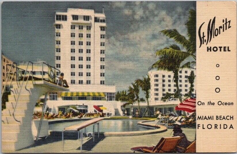 1940 MIAMI BEACH, Florida Postcard ST. MORITZ HOTEL Pool View / Curteich Linen