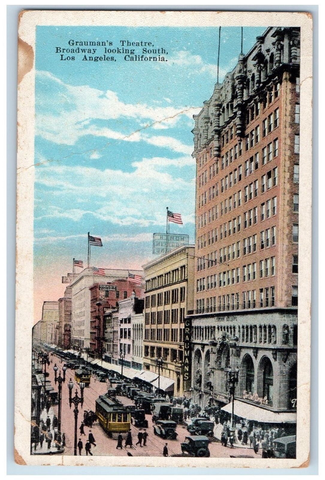 c1920\'s Grauman\'s Theatre Broadway Scene Looking South Los Angeles CA Postcard