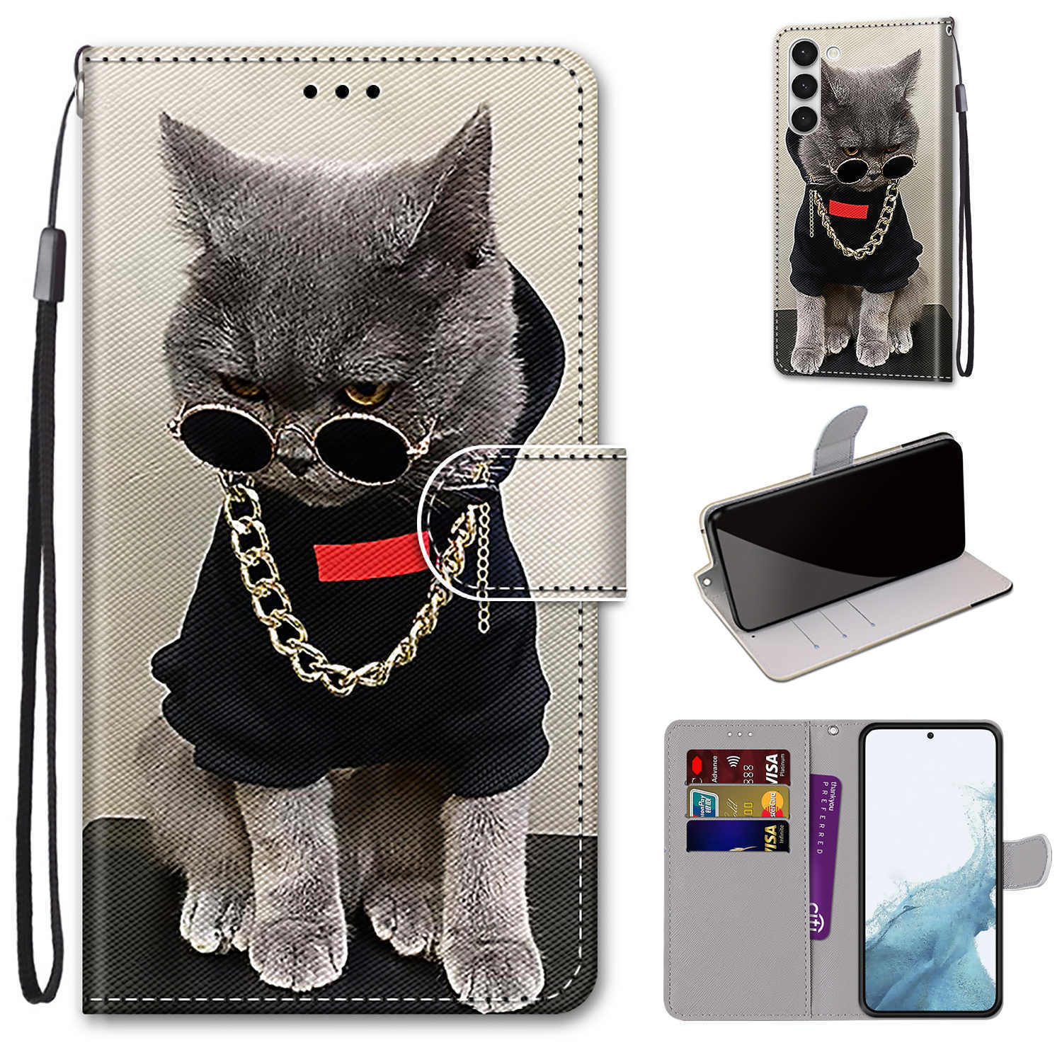 Cat Wallet Phone Case For iPhone Samsung Huawei Xiaomi ZTE Google Sony OPPO LG 