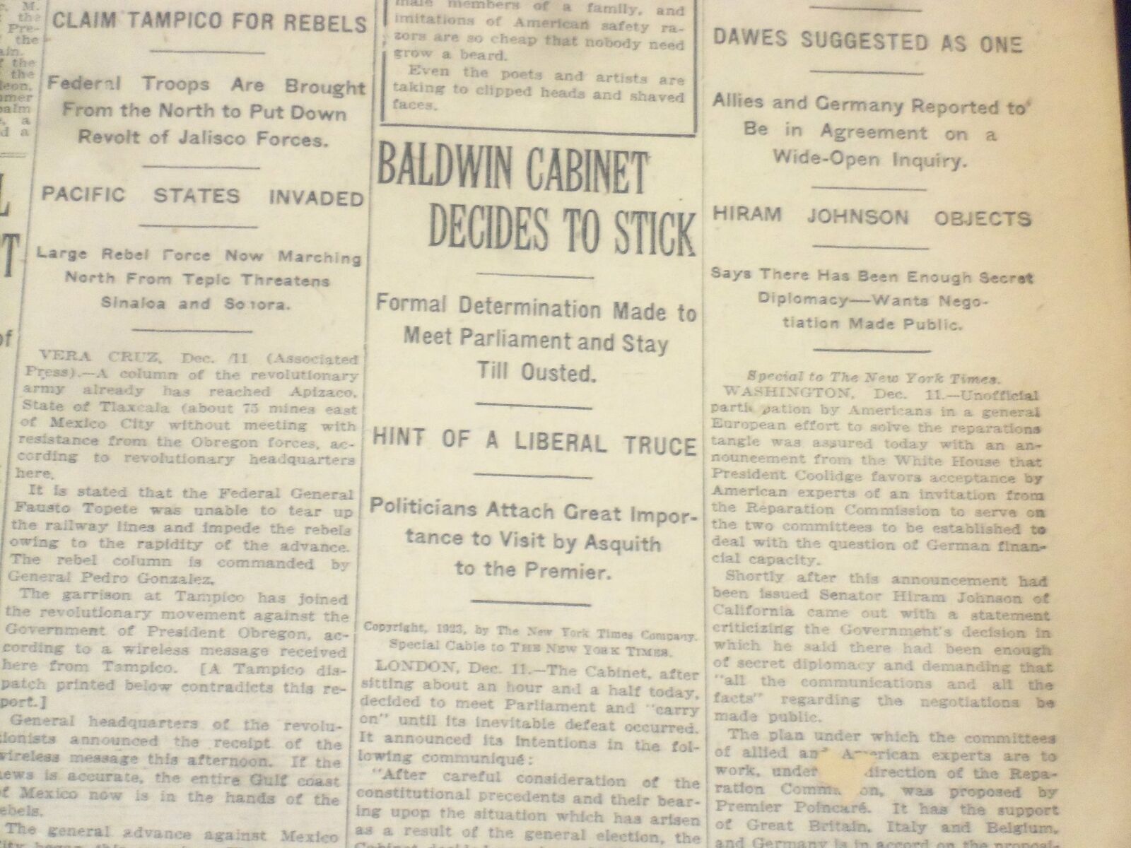 1923 DECEMBER 12 NEW YORK TIMES - BALDWIN CABINET DECIDES TO STICK - NT 9220