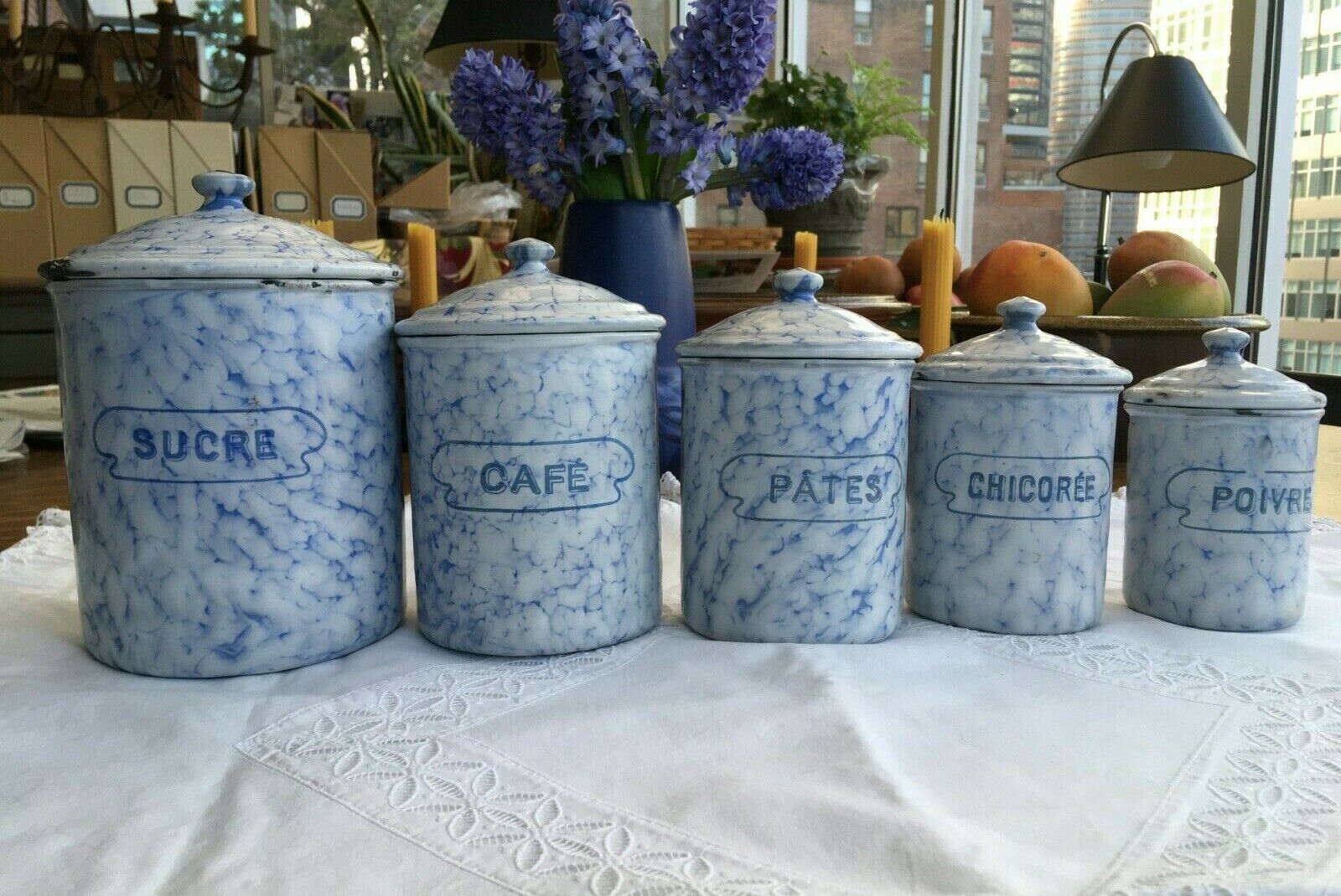 5 French Antique Enamel Canisters Storage Containers Classic Blue & White