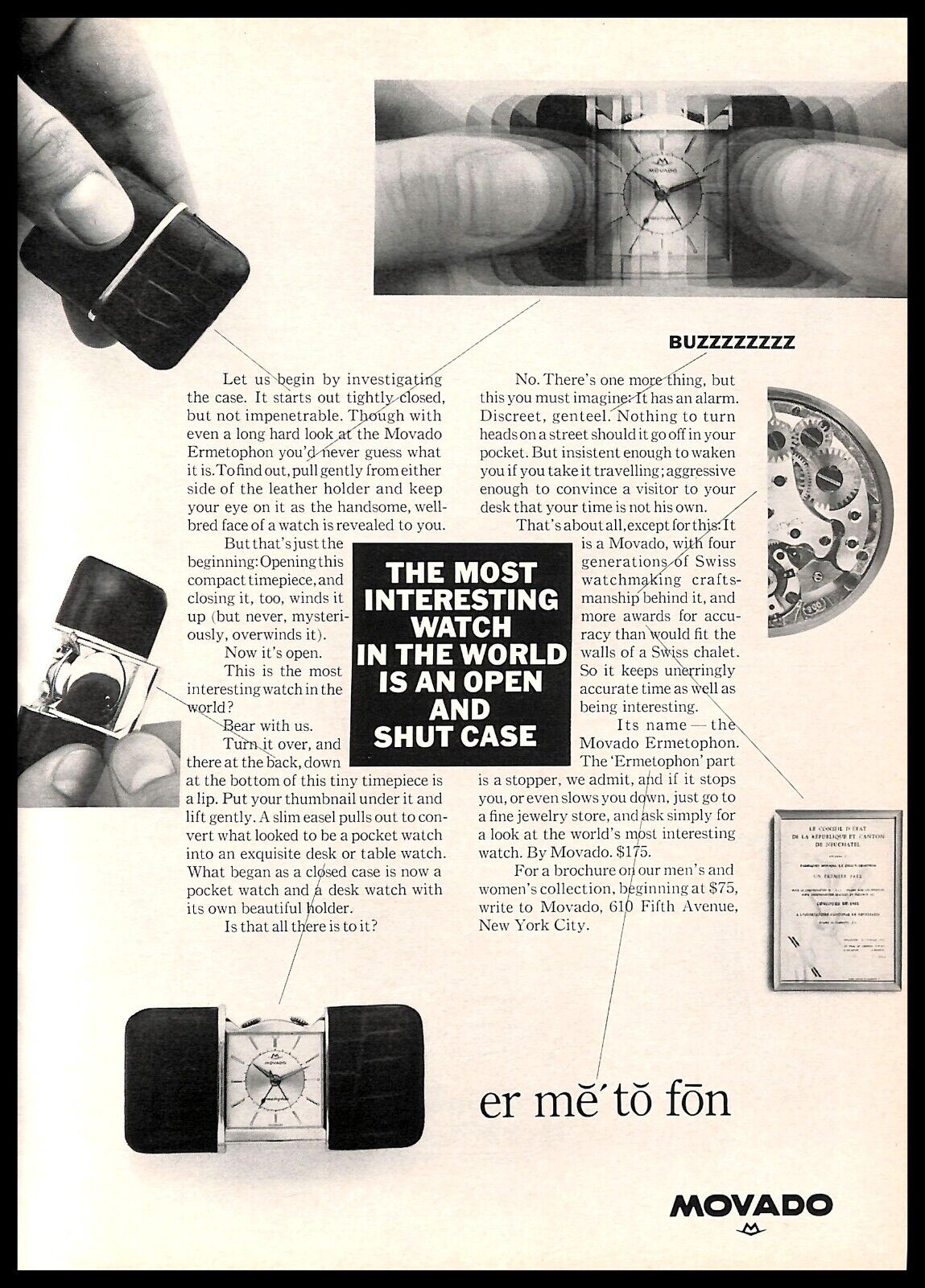 1965 Movado Ermetophon Watches Vintage PRINT AD Open Shut Case