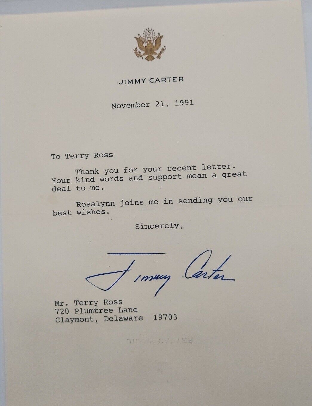 Jimmy Carter Signed 1991 Letter Thanking Supporter Autographed POTUS Rare