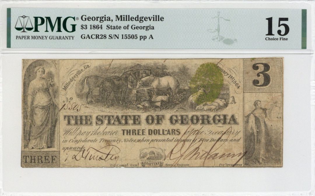 State of Georgia - Criswell-28 - $3 Obsolete Banknote PMG Graded - Paper Money -