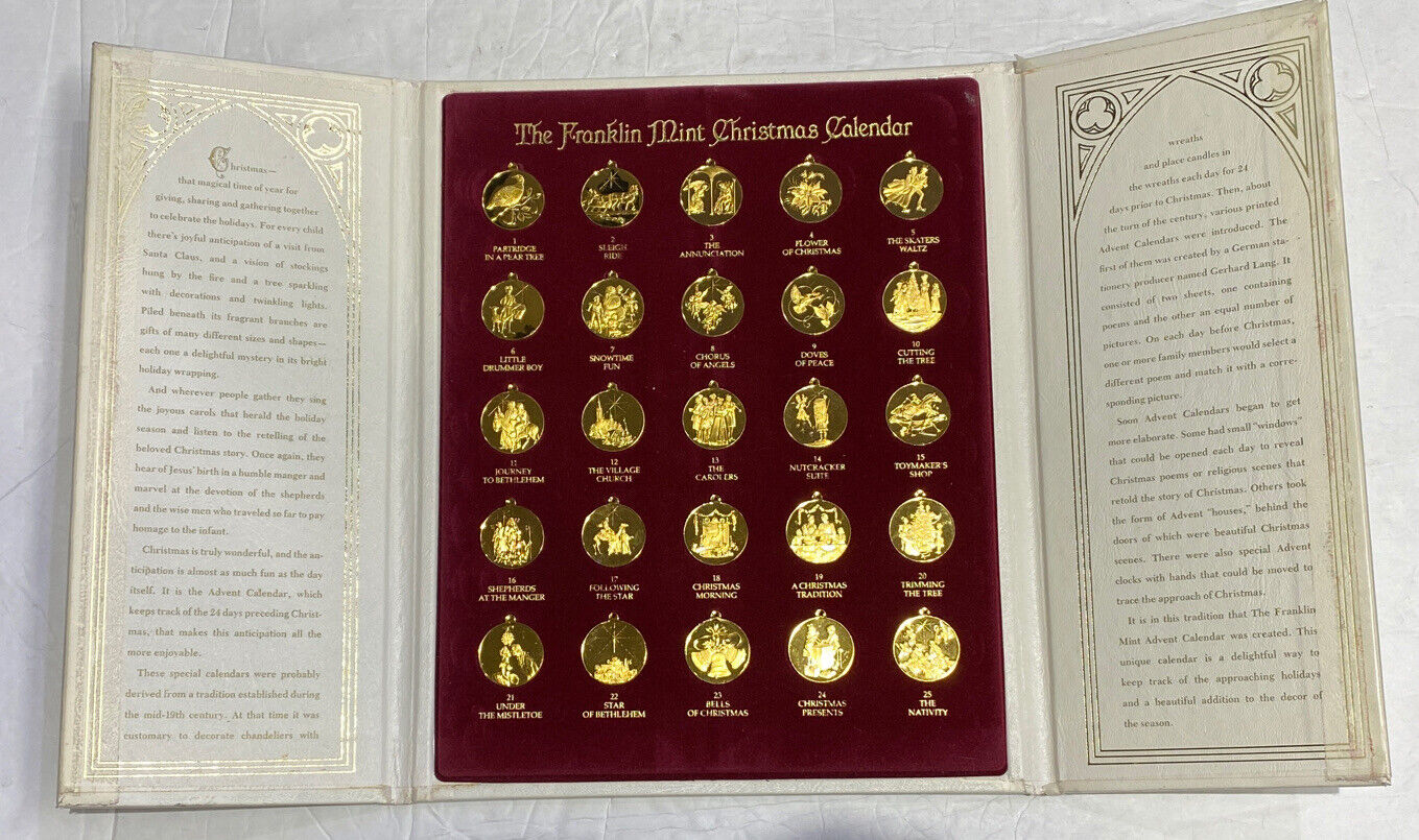 1988 Franklin Mint Christmas Advent CalEnder 24 kt Gold Plated Coin Ornaments