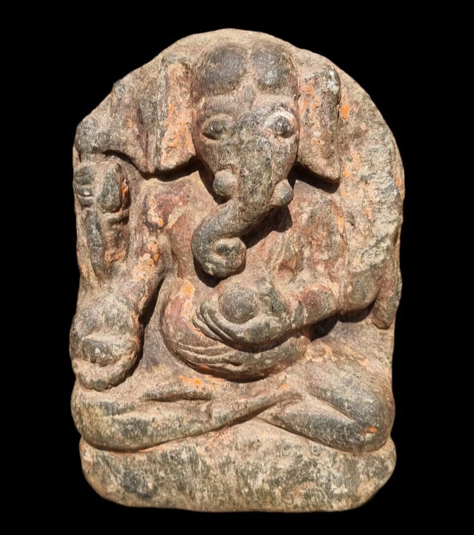1800's Old Antique Rare Black Stone Fine Hand Carved God Ganesha Figure / Statue
