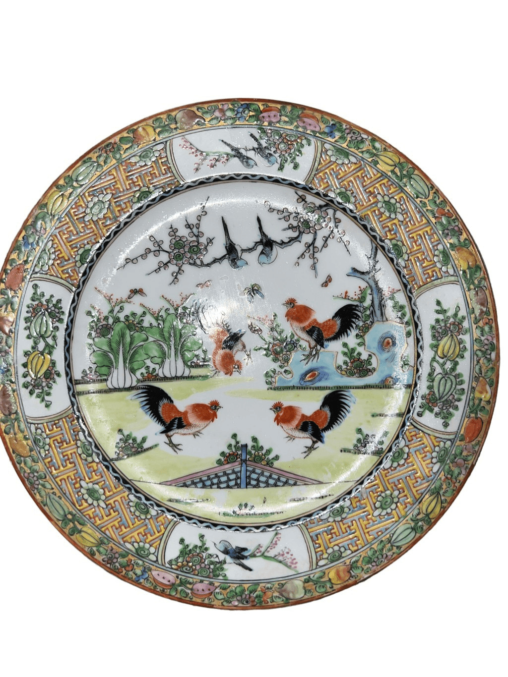 Vintage Chinoiserie Hand Painted Rooster Decorative Ornamental Plate Chinese Asi