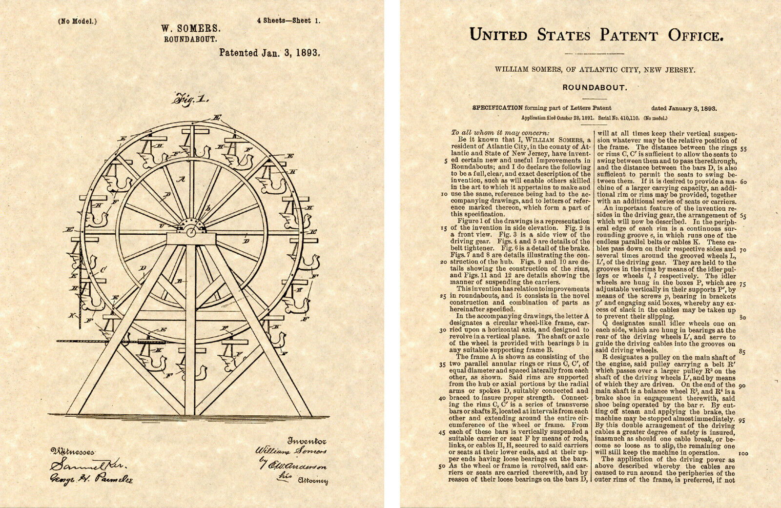 1st FERRIS WHEEL US  Patent 1893 Art Print READY TO FRAME Thomas roundabout