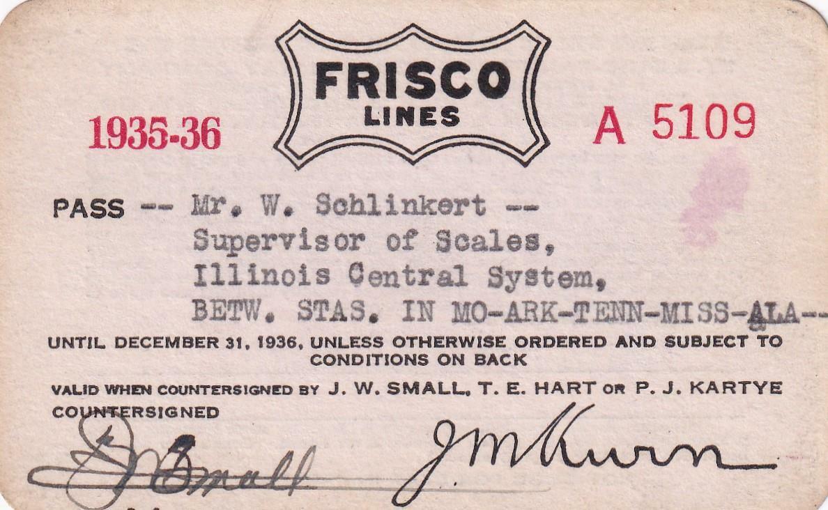 1935-36 St Louis San Francisco Railway Company employee pass - Illinois Central