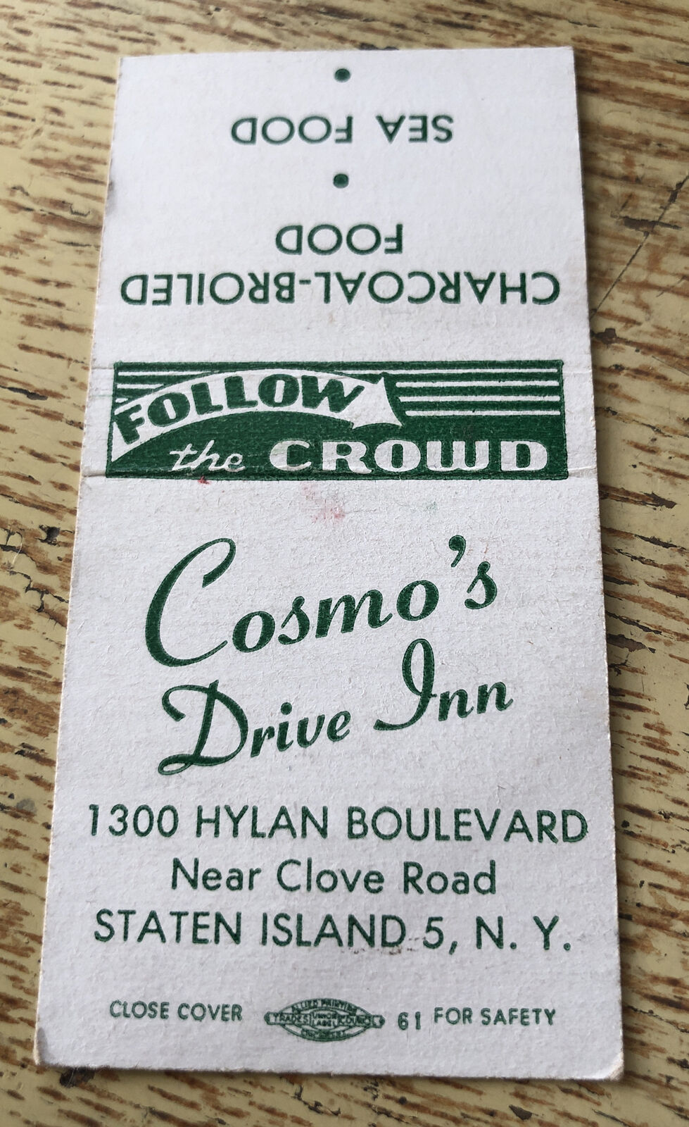 1950s-60s Cosmo’s Drive Inn Staten Island New York Matchcover Follow The Crowd
