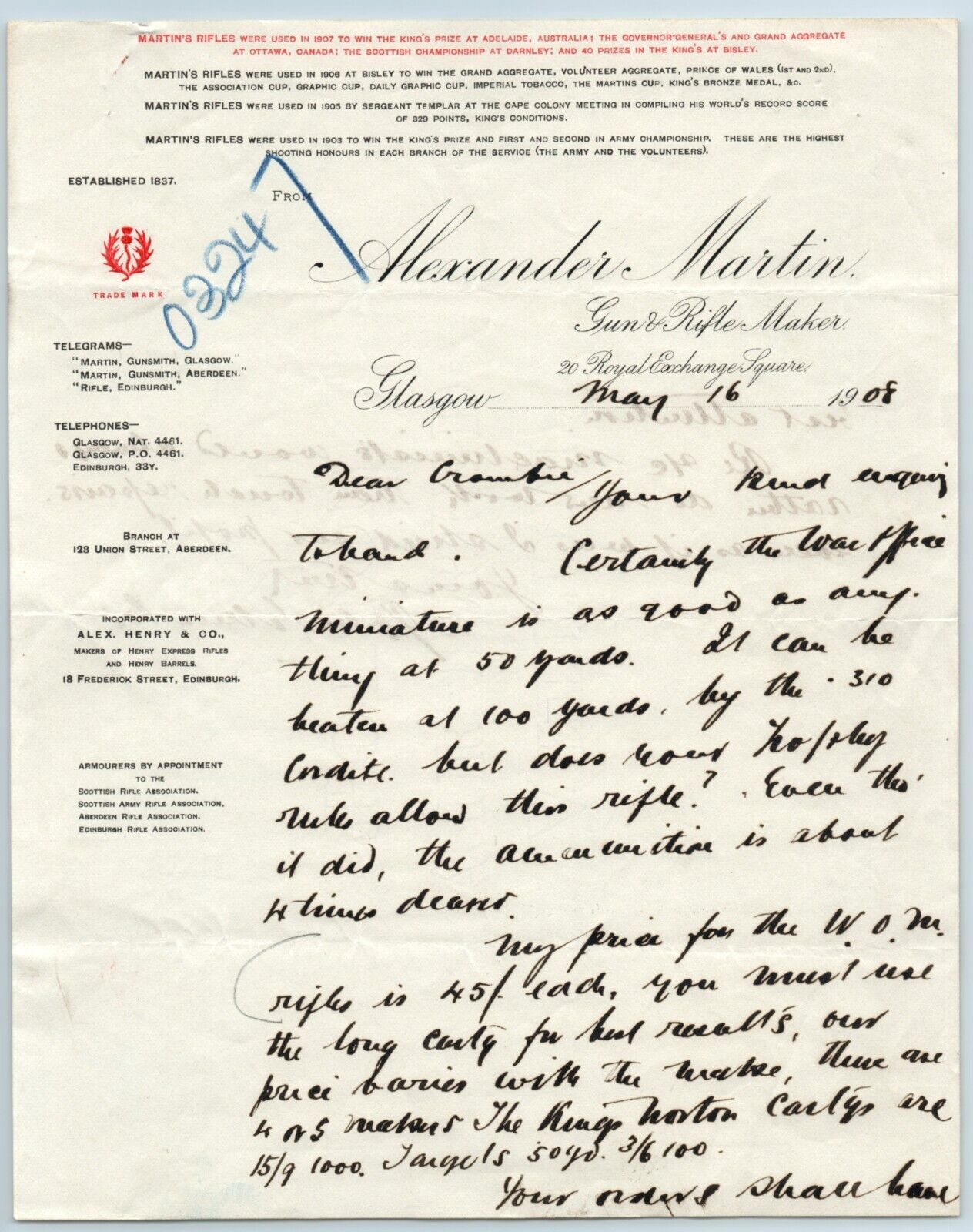 1908 Headed Letter Alexander Martin Glasgow Gunsmith, Gun & Rifle Maker Scotland