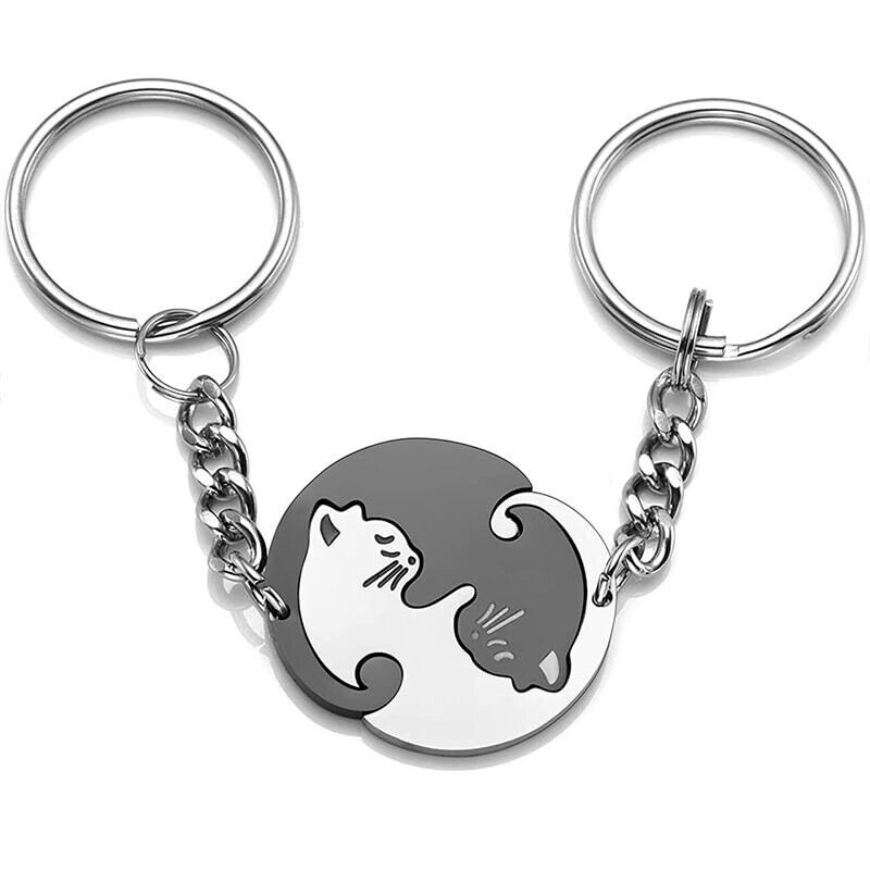 2pcs Couple BFF, Black and White, Yin & Yang Cat Keychain Stainless Steel 