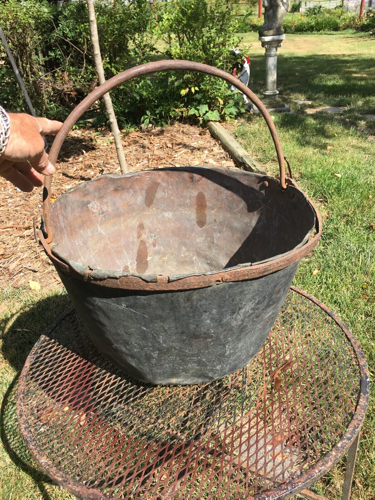 Antique Brass Pot / Kettle/ Cauldron With Forged Iron  Handle 5 Gallon 17in x 12