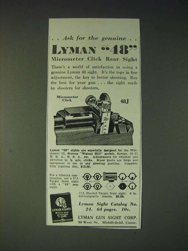 1937 Lyman 48J Micrometer Click Rear Sight Ad - Ask for the Genuine