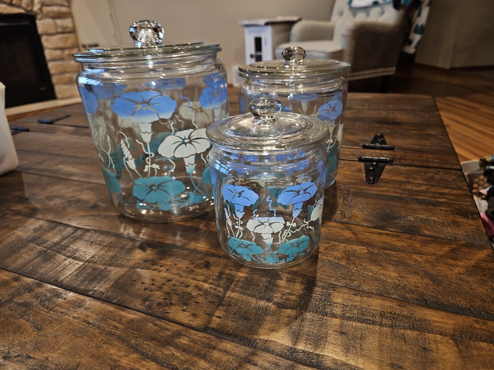 1960's-70's Marigold Blue White Teal Design Clear Glass Canister Set & Lids