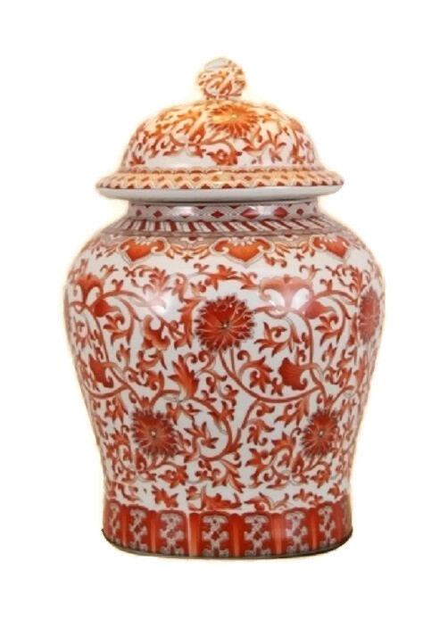 Beautiful Orange/Coral And White Porcelain Chinoiserie Temple Jar 13\