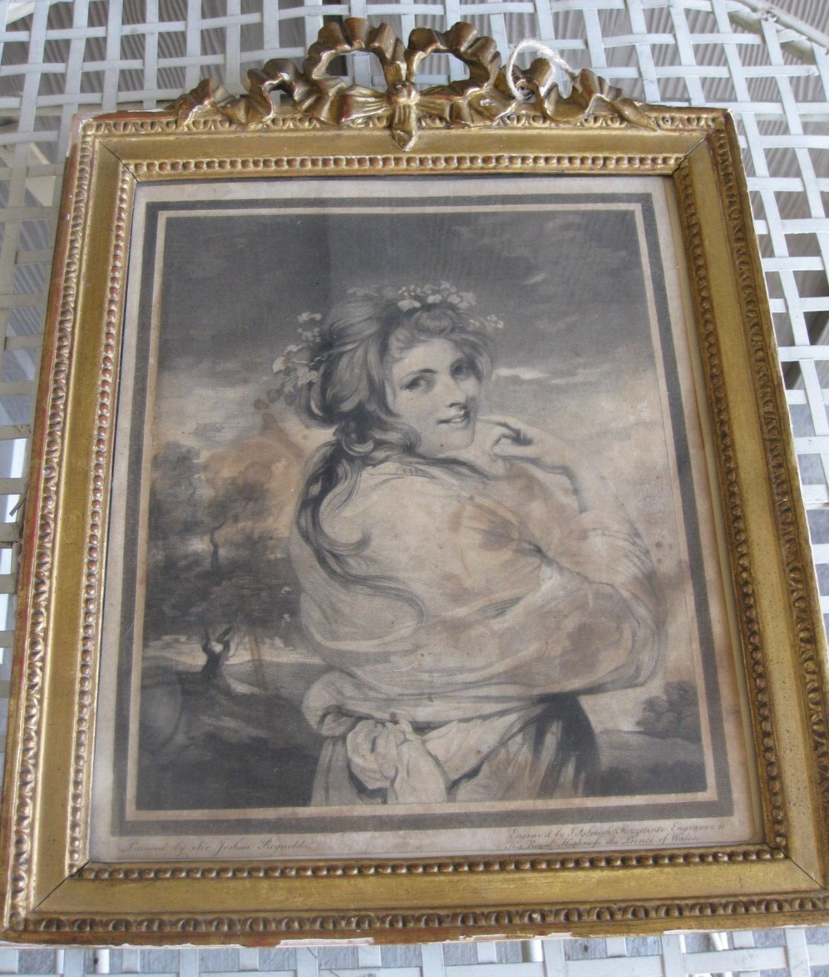 ANTIQUE FRENCH BRONZE WOOD FRAME GESSO RIBBON BOW PRINT 11.5”w x 15.5\