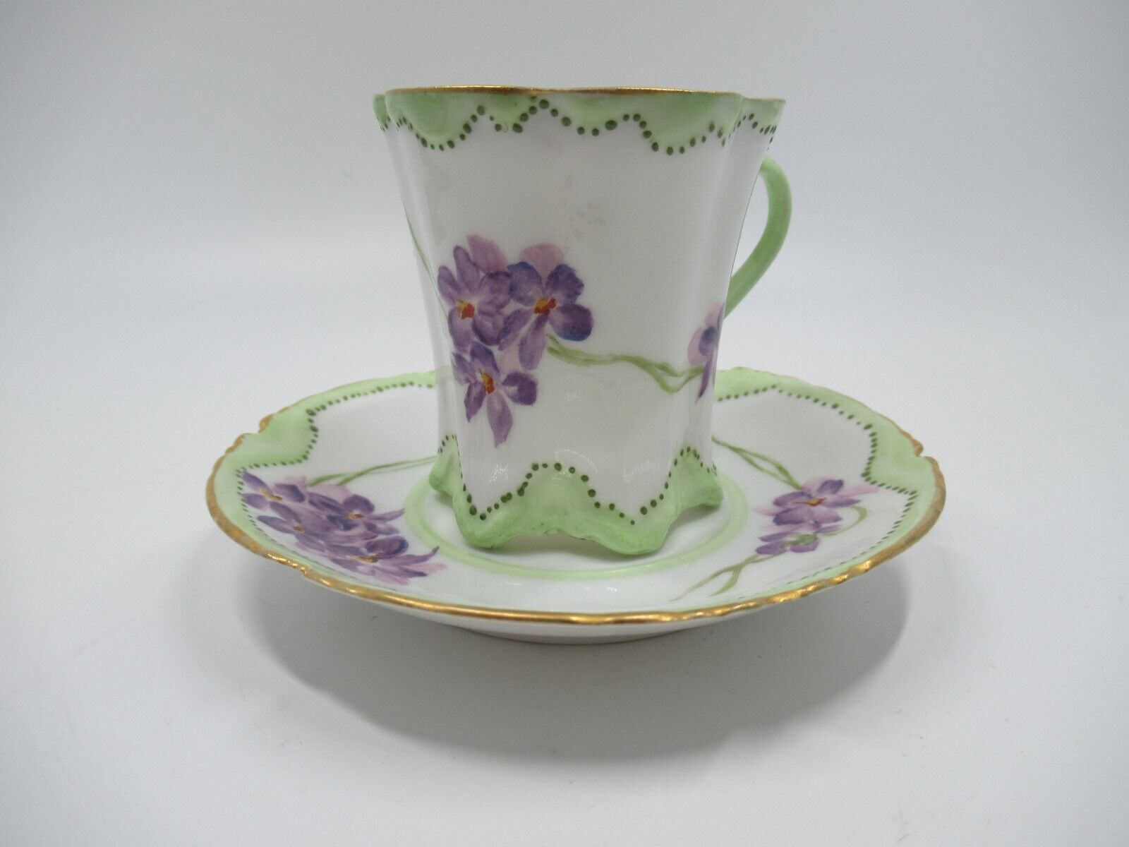 Vintage delicate porcelain demitasse cup saucer lilac mint gold edge signed 1895
