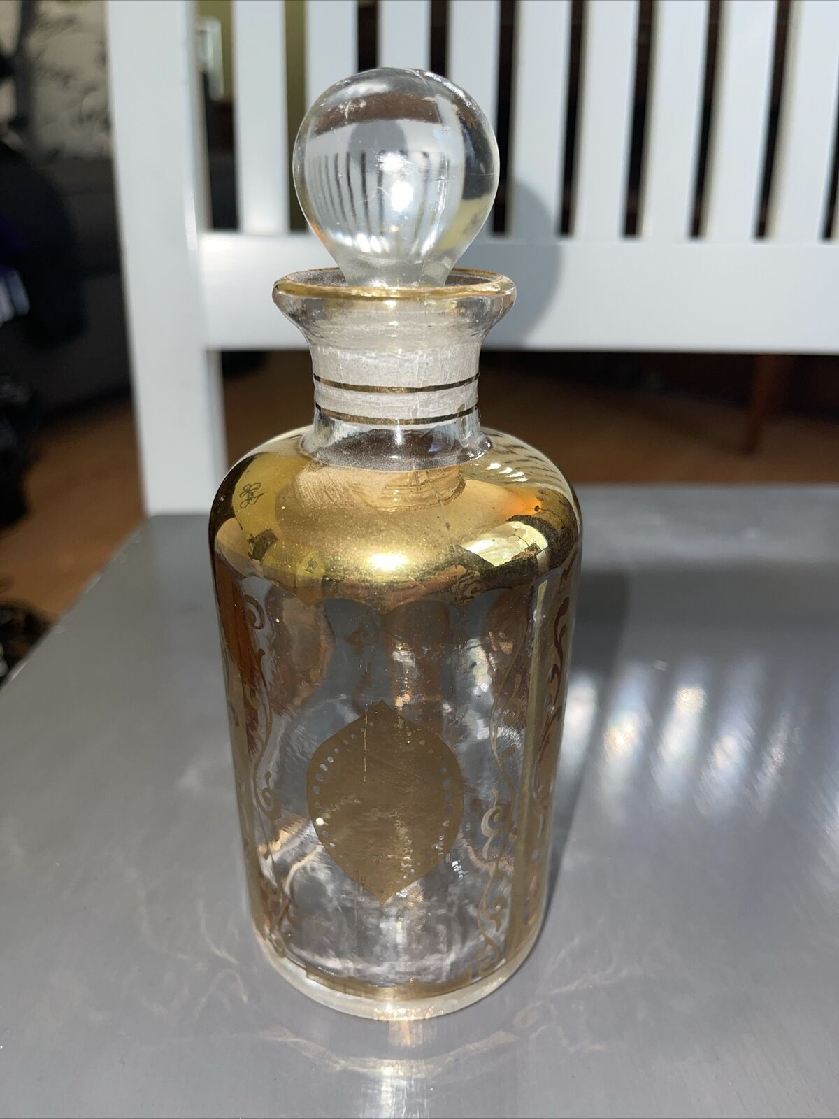 Vintage Clear Gold Painted Gilded? Perfume Bottle with Stopper 7” Tall MCM