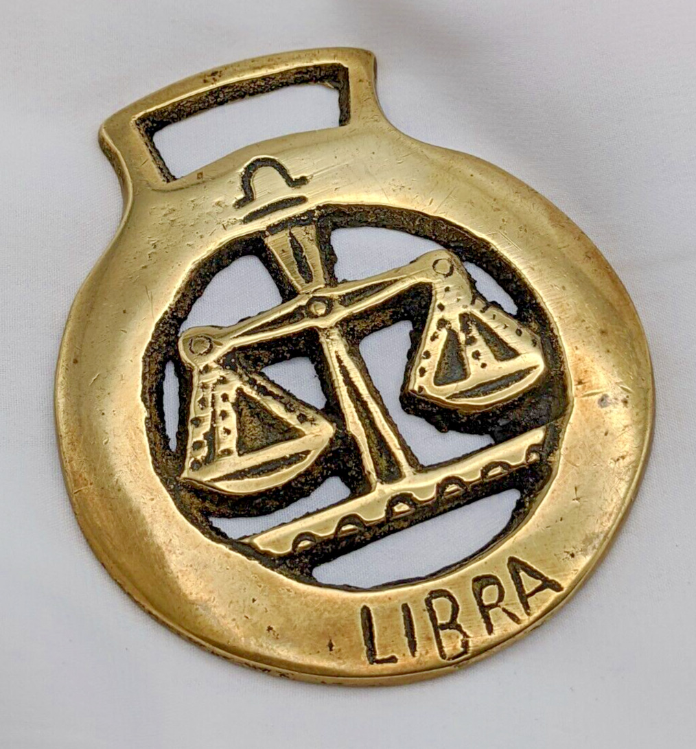 Brass Horse Medallion Vintage English Libra Scales Justice Zodiac Parade Harness