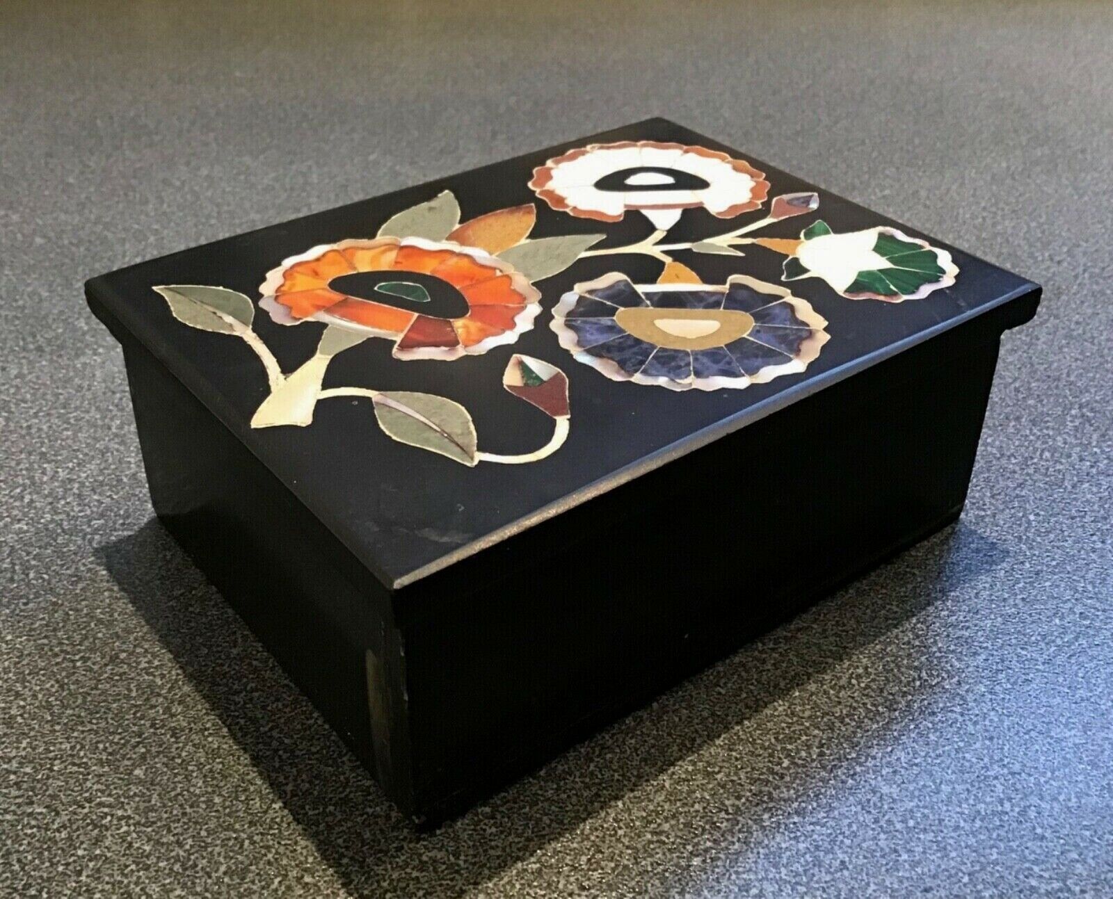 Pietra Dura Art Trinket Box for Hotel Decor Rectangle Black Marble Jewelry Box