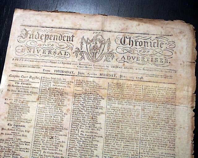 Nice 18th Century American Boston Massachusetts w/ Masthead 1798 Old Newspaper