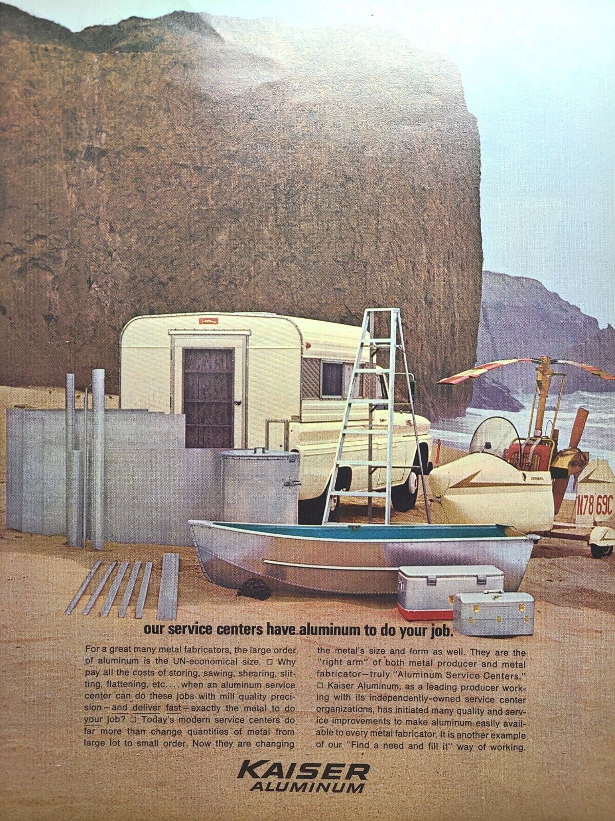 Kaiser Aluminum Beach Gyrocopter Boat Truck Camper Cooler Vintage Print Ad 1965