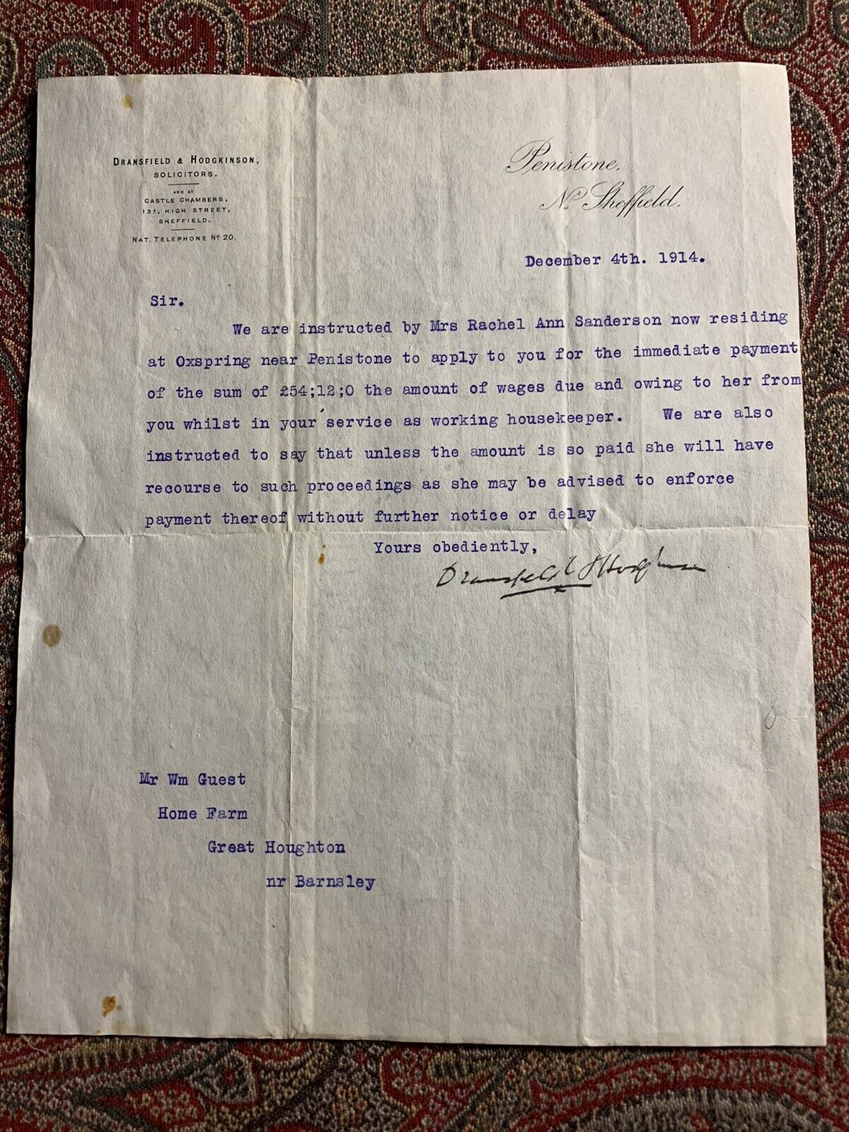 1914 Letter Rachel Ann Sanderson Unpaid Wages Home Farm Great Houghton Yorkshire