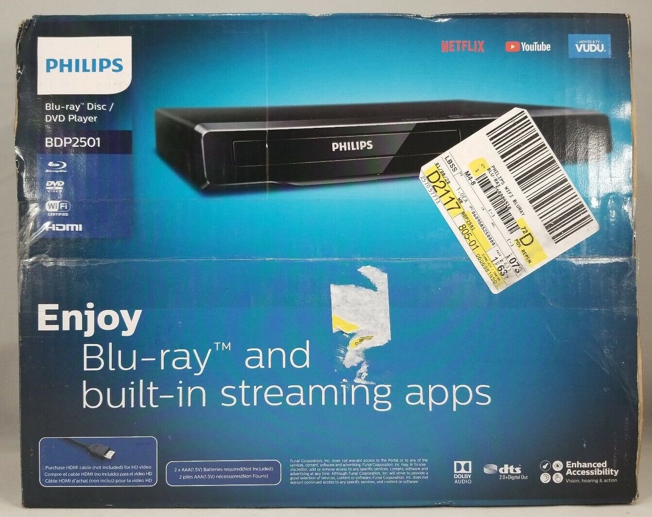 Philips BDP2501/F7 Blu-Ray DVD Player, Built in Wi-Fi, Upscaling, with Remote