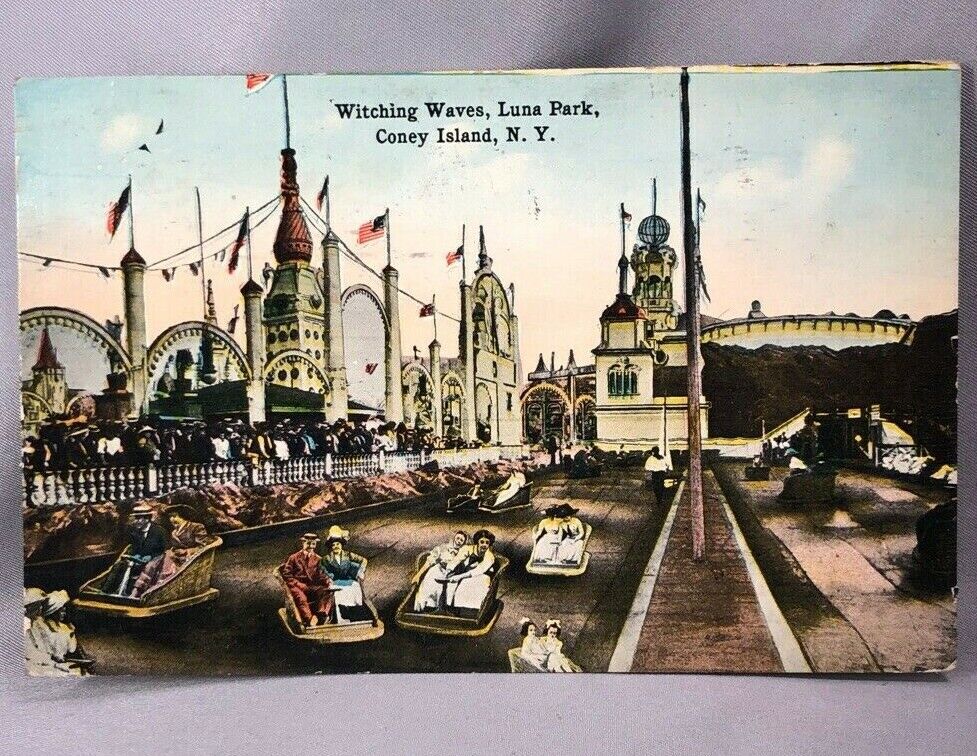 1914 CONEY ISLAND Luna Park WITCHING WAVES Amusement Rides ANTIQUE Postcard
