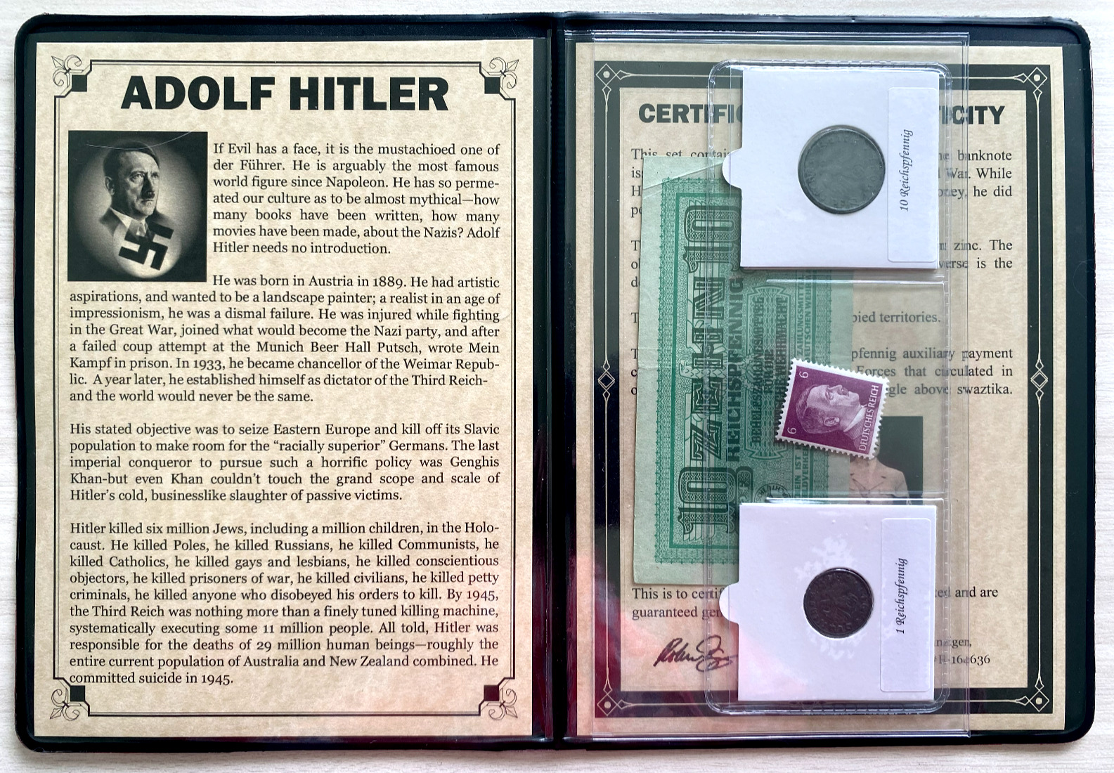 World War II CERTIFIED Two German Coins 1,10 Rp & 10 Reichsmark Bill & Stamp