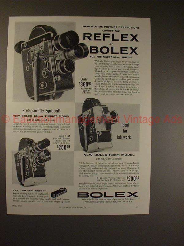 1959 Bolex H-16 Reflex, H-16T, H-16M Movie Camera Ad