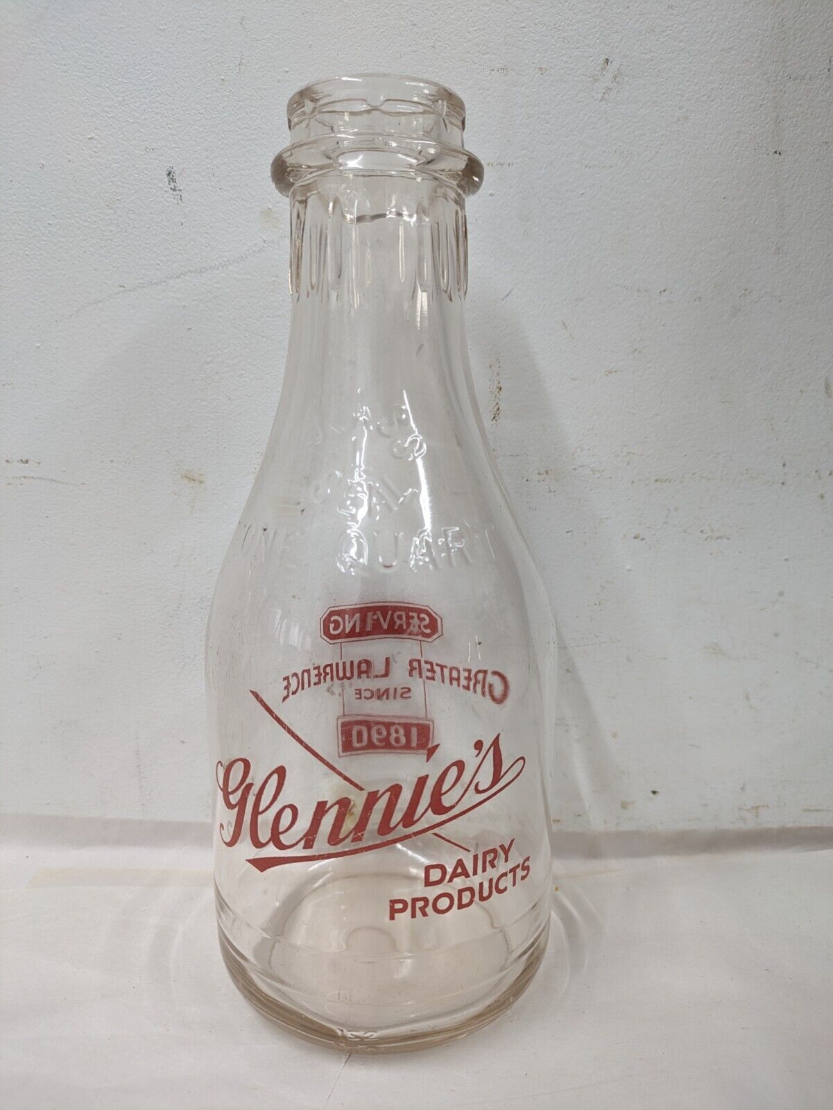 Vintage Glennie\'s Dairy TRPQ Quart Milk Bottle Andover MA Greater Lawrence