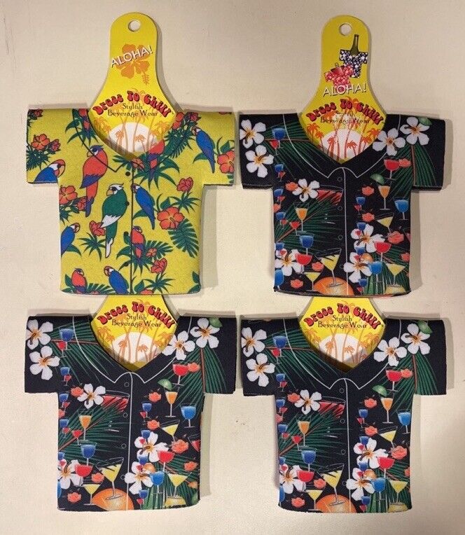 Lot of 4 Hawaiian Shirt KOOZIES Can Bottle Insulators PARROTS Tropical Flowers