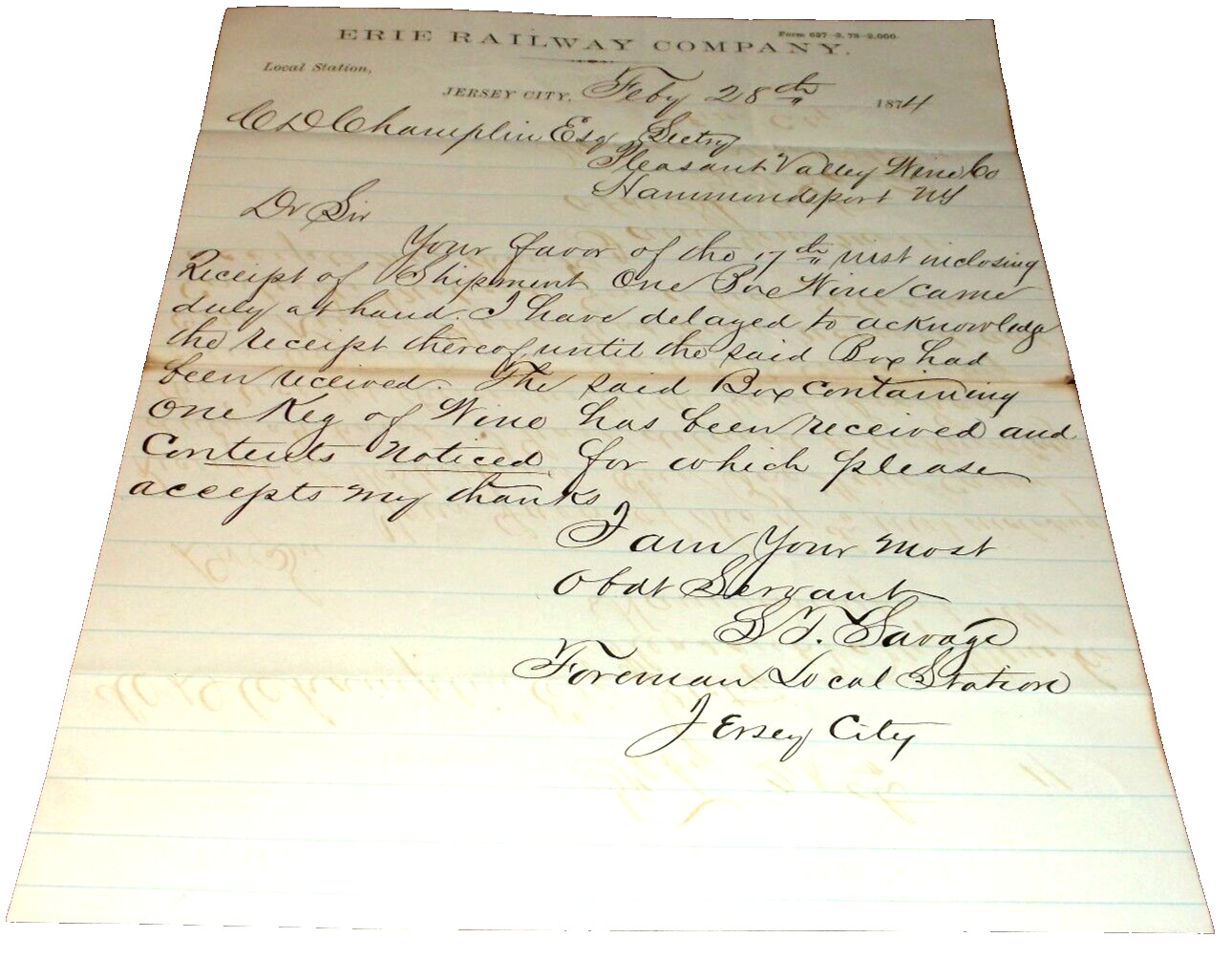 FEBRUARY 1874 ERIE RAILWAY HAMMONDSPORT NEW YORK FREIGHT CORRESPONDENCE