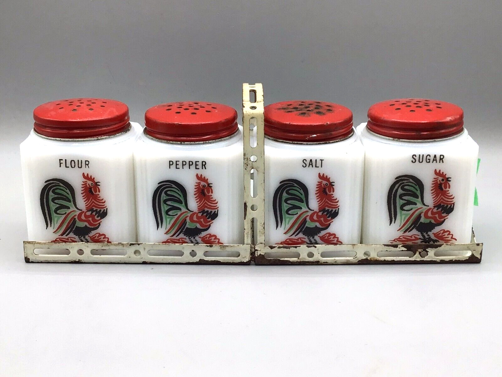 1930-40\'s Signed Tipp Co Milk Glass 4 pc Condiment Set w/metal holder Rooster