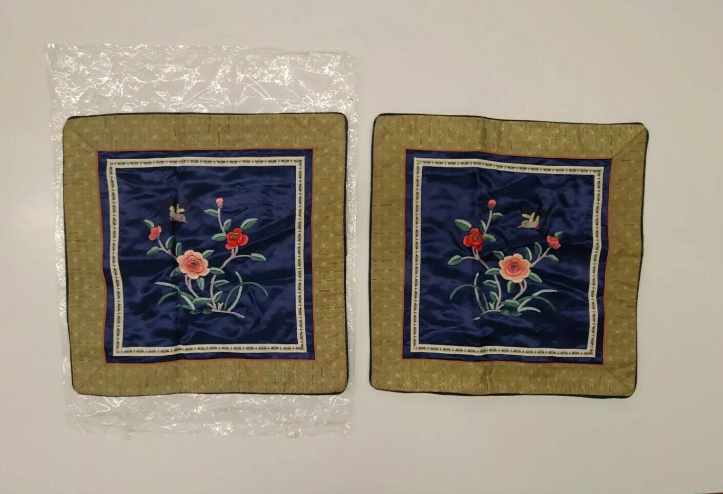 Vintage NOS Pair Of Chinese Silk Embroided Flower Floral Art Pillow Case Panels 