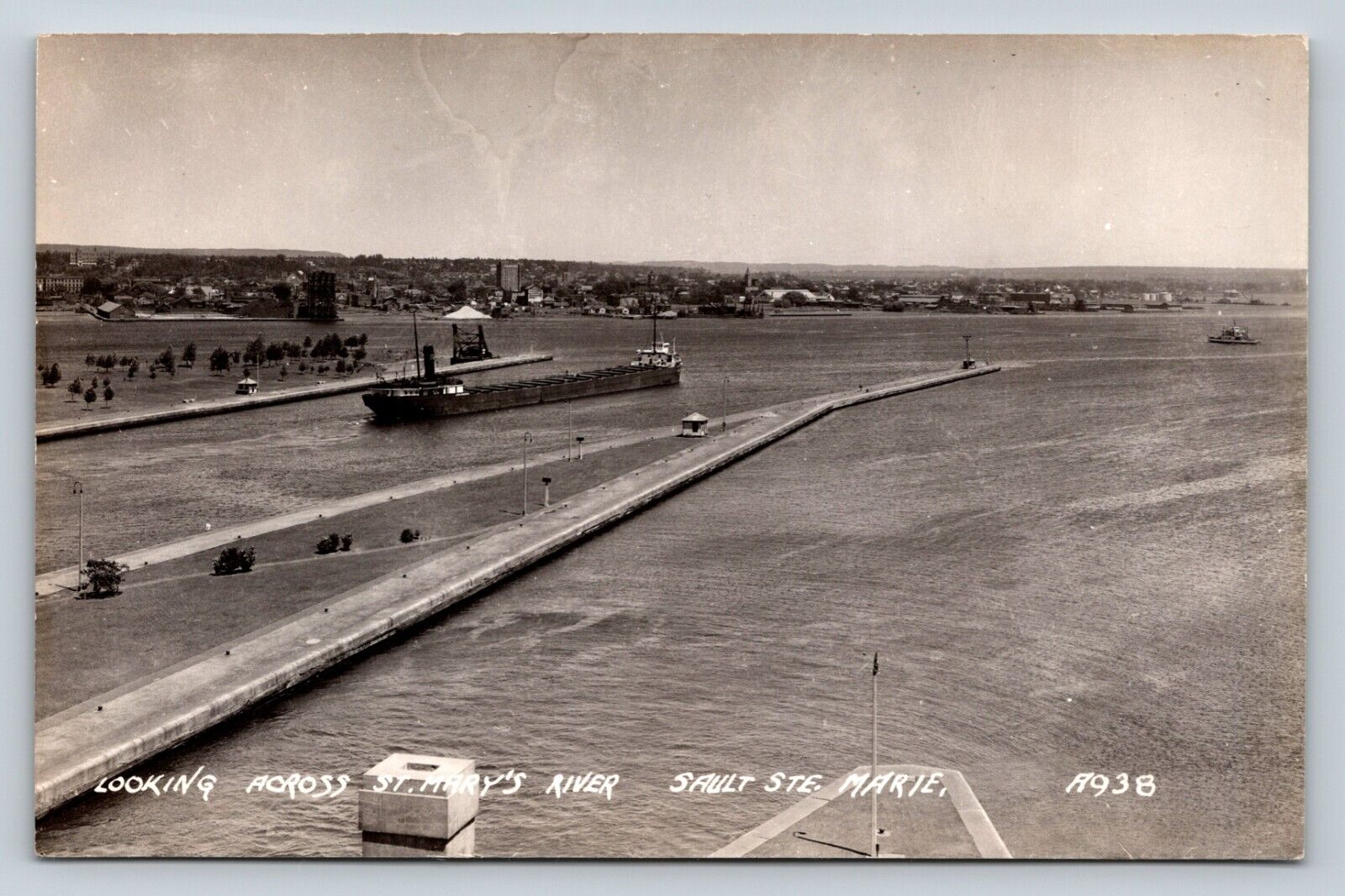 c1940s RPPC St. Mary's River SAULT STE. MARIE Ship & Boats VINTAGE Postcard EKC