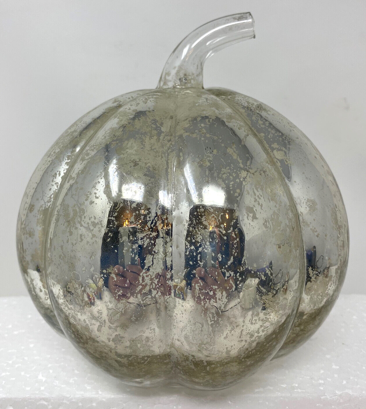 Antique 1900s Extra Large Silver Pumpkin Mercury Glass Candle Cover Halloween