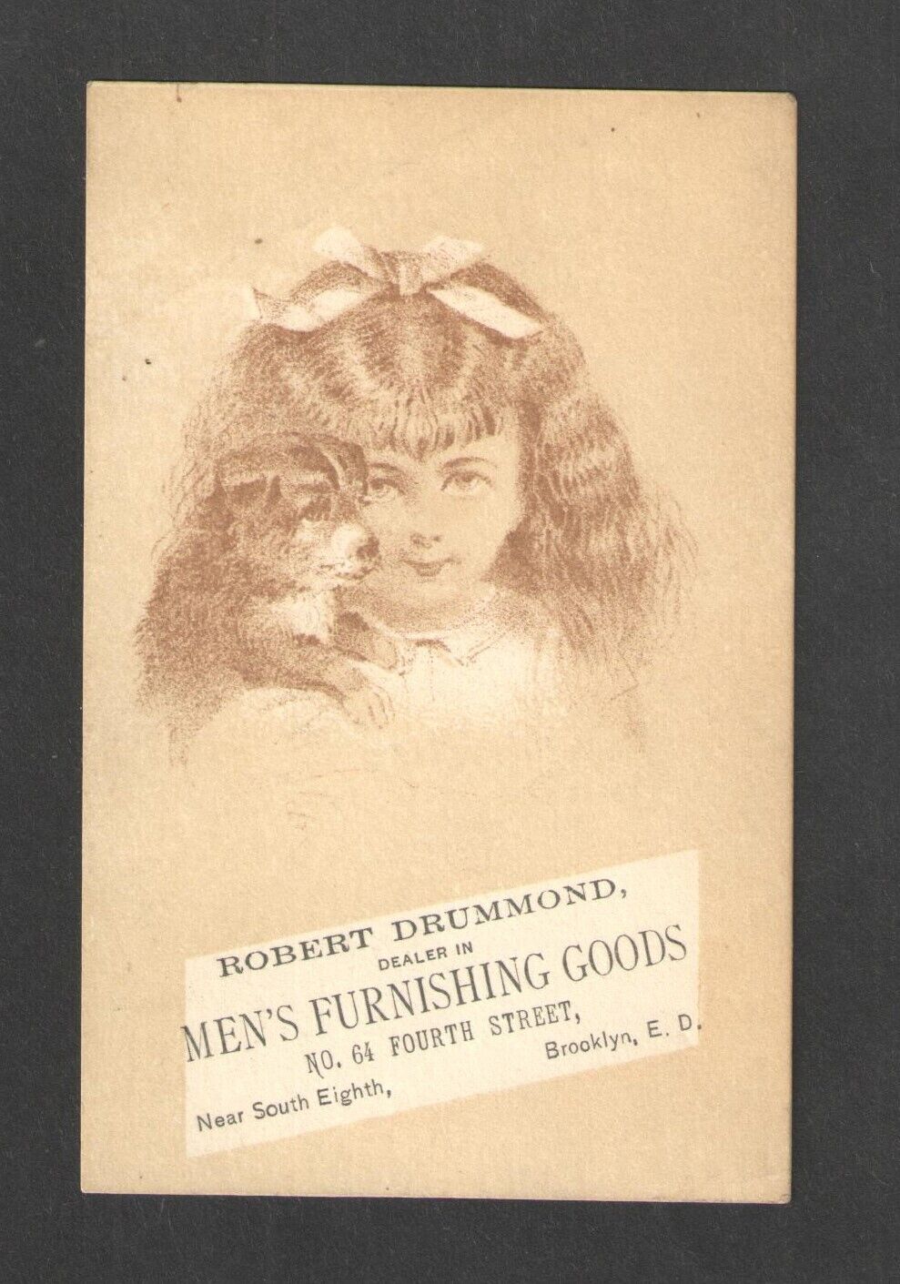 1880s ROBERT DRUMMOND MENS FURNISHING GOODS BROOKLYN E D VICTORIAN TRADE CARD