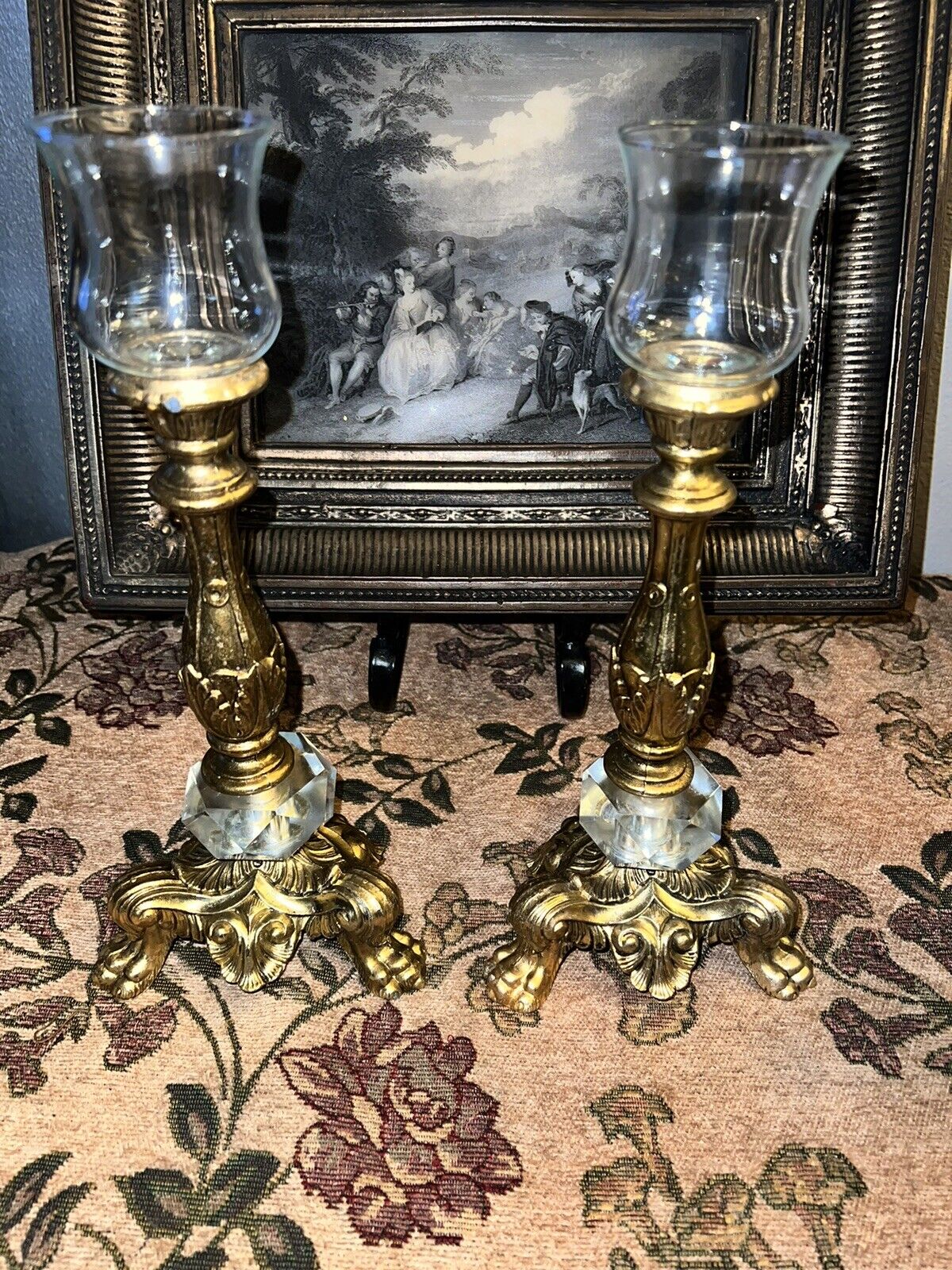 Antique Hollywood Regency Style Ornate Gold cast Brass  Candlestick Holders