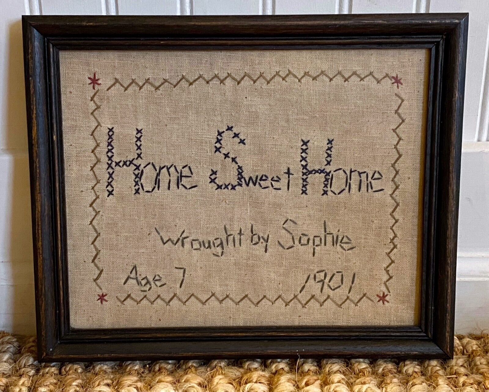 Antique Sophie Age 7 HOME SWEET HOME SAMPLER Needlework Stitch Framed Dated 1901