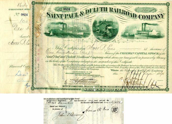 Saint Paul and Duluth Railroad Co. Issued to and signed by Amos R. Eno - Autogra