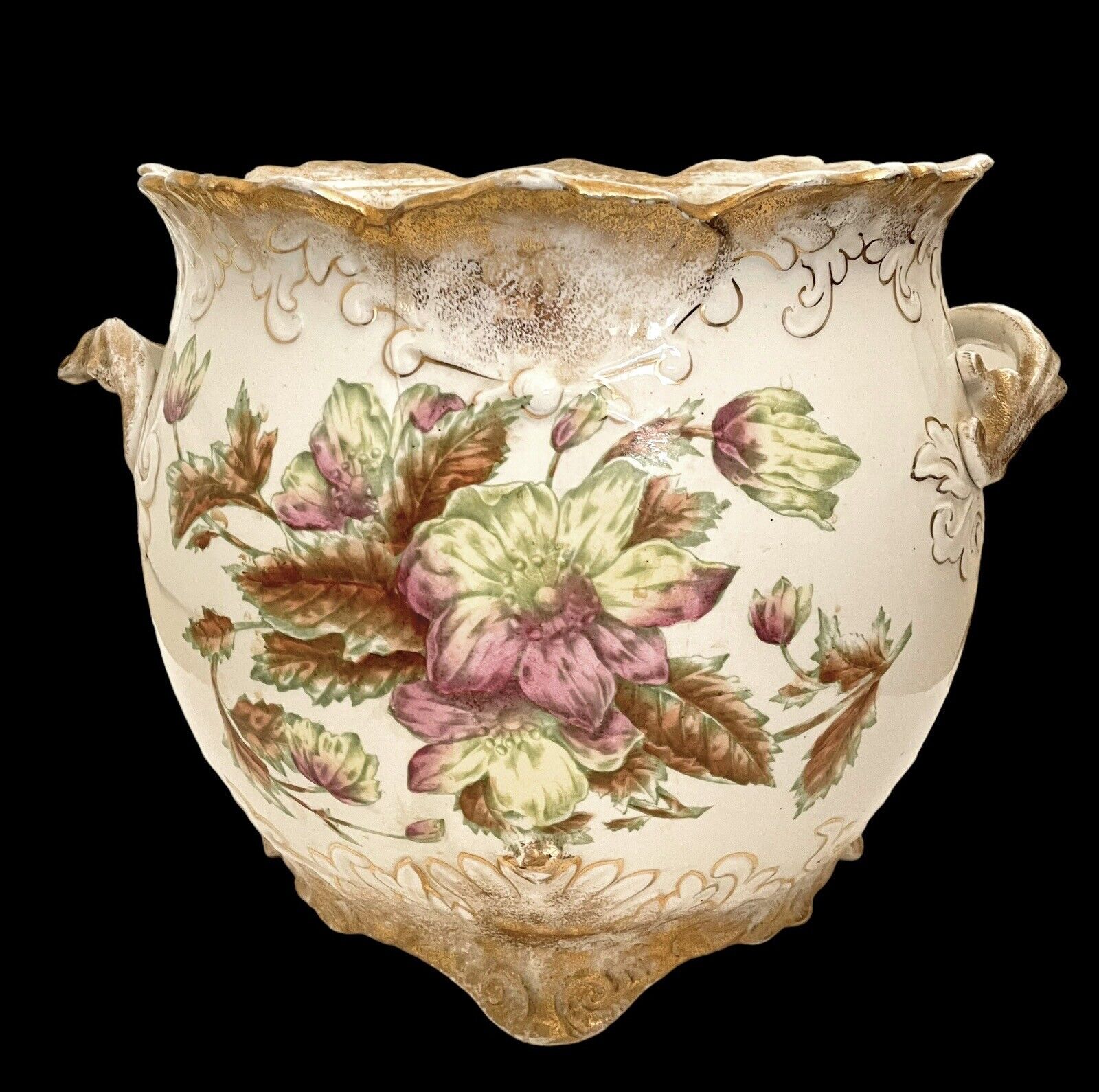 Large Antique Warwick Semi-Porcelain Peonies Jardinière Vase Hand-Painted