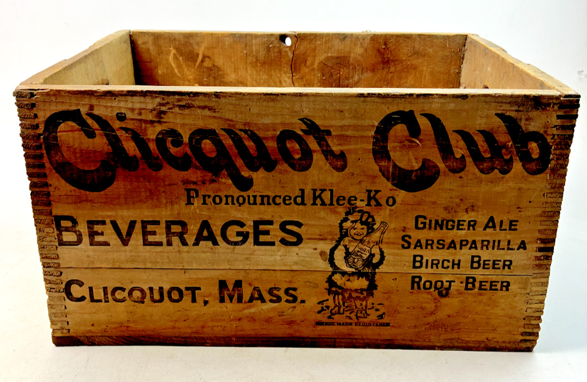 Vintage Clicquot Club Wooden Crate with Handles - Clicquot, Massachusetts